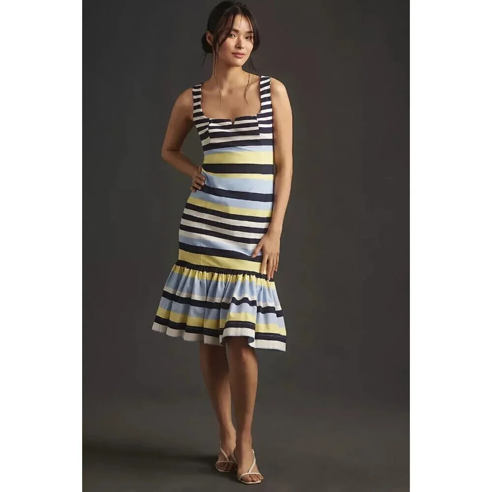 NWT Anthropologie Sleeveless Square-Neck Flutter-Hem Midi Dress S Striped Blue
